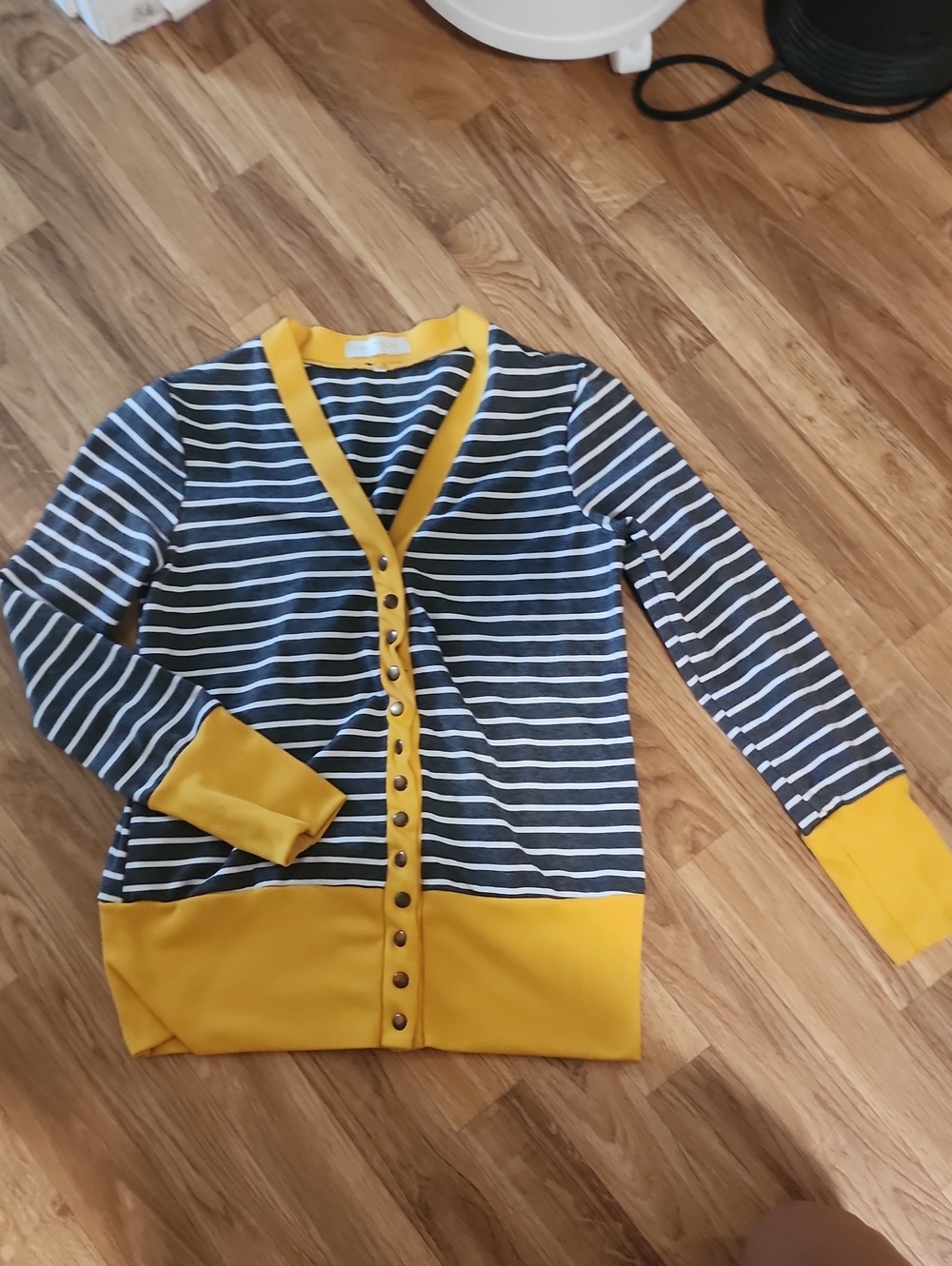 Womens Hipster Row Navy & White Striped Cardigan Button Down with Mustard Trim